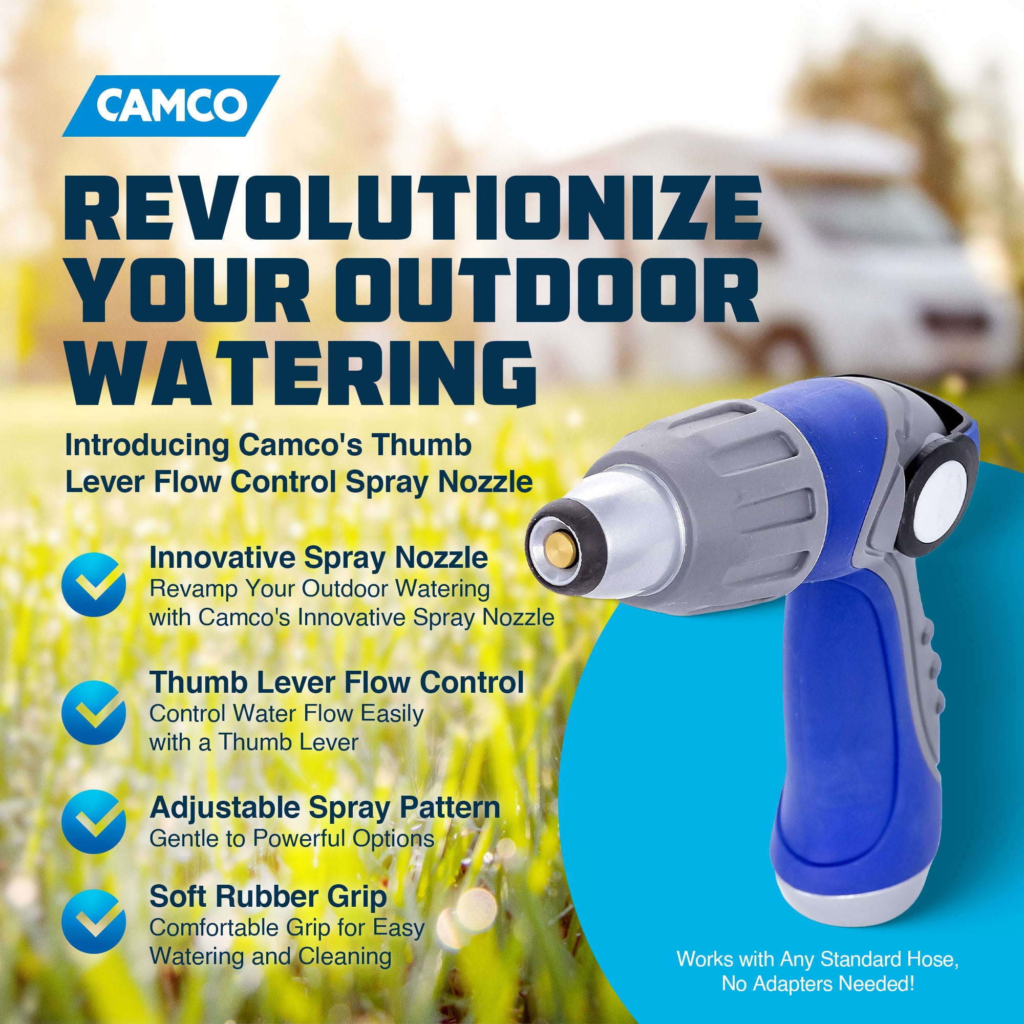 Camco 41986 Thumb Lever Flow Control Spray Nozzle with Adjustable Patterns, Blue - VMInnovations