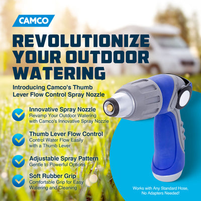 Camco Thumb Lever Flow Control Spray Nozzle w/Adjustable Patterns,Blue(Open Box)