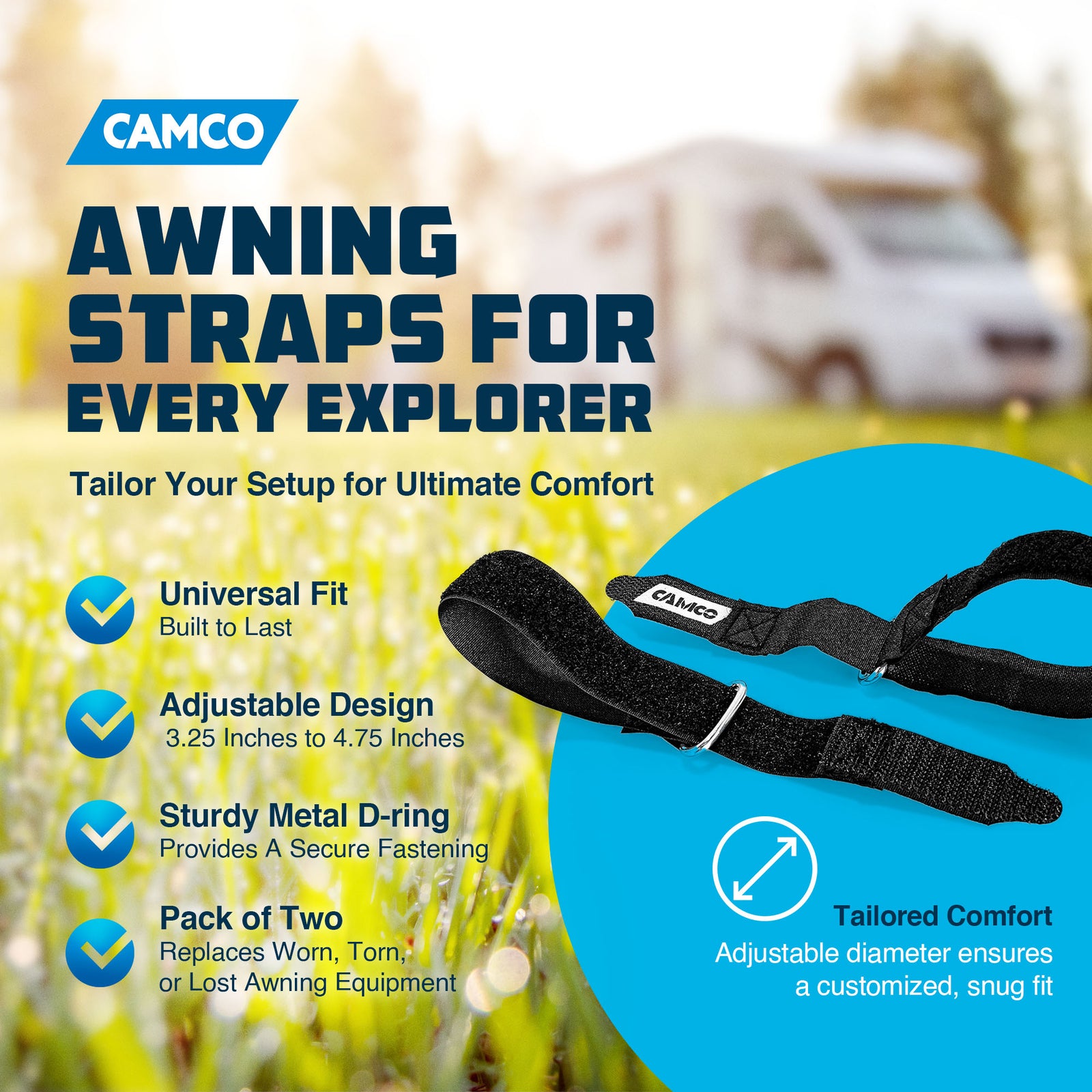 Camco 42503 Universal Fit 12 Inch Replacement Awning Strap Set with Metal D-Ring - VMInnovations