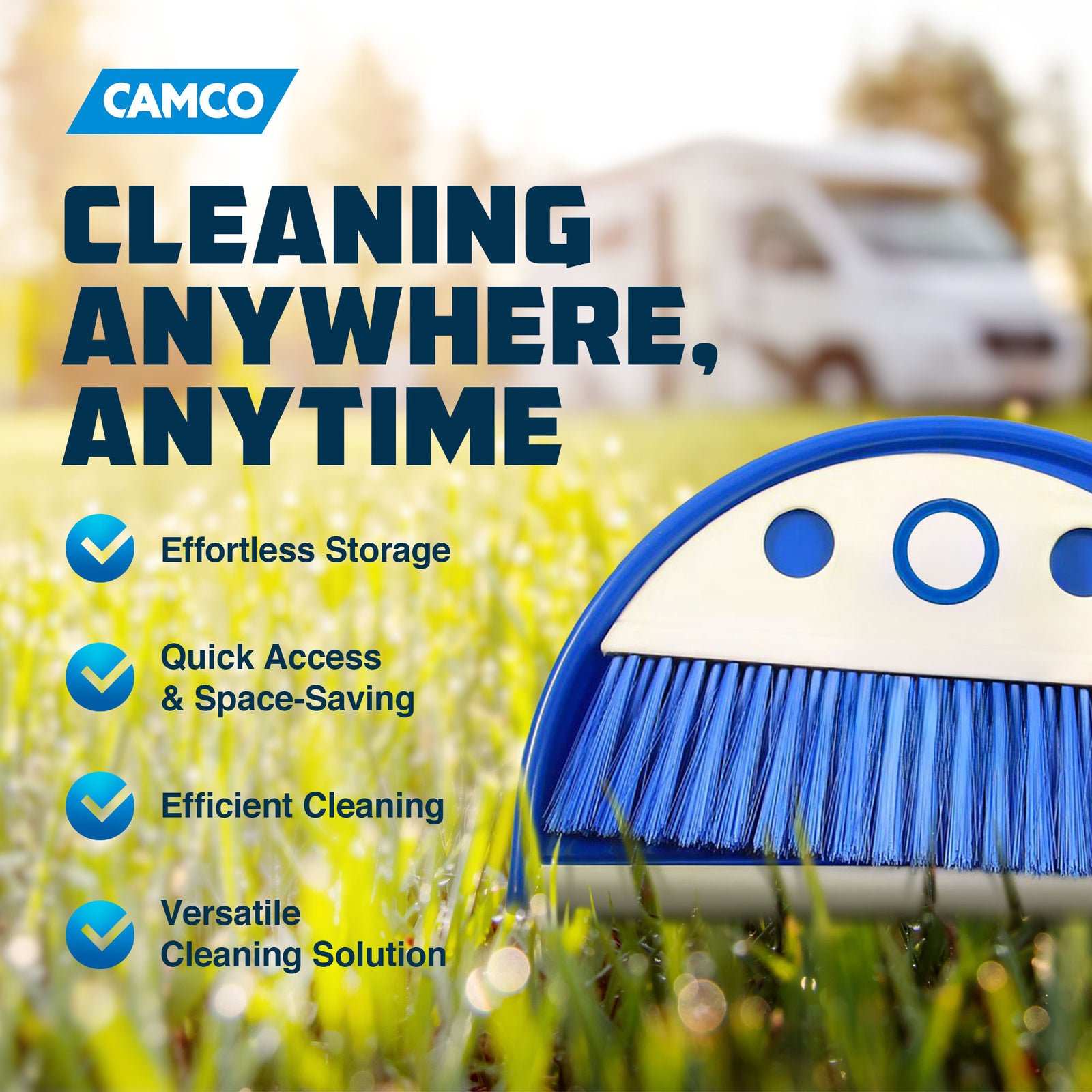 Camco Portable Travel Dust Pan & Whisk Broom w/Hanger Hole, Blue (Open Box) - VMInnovations