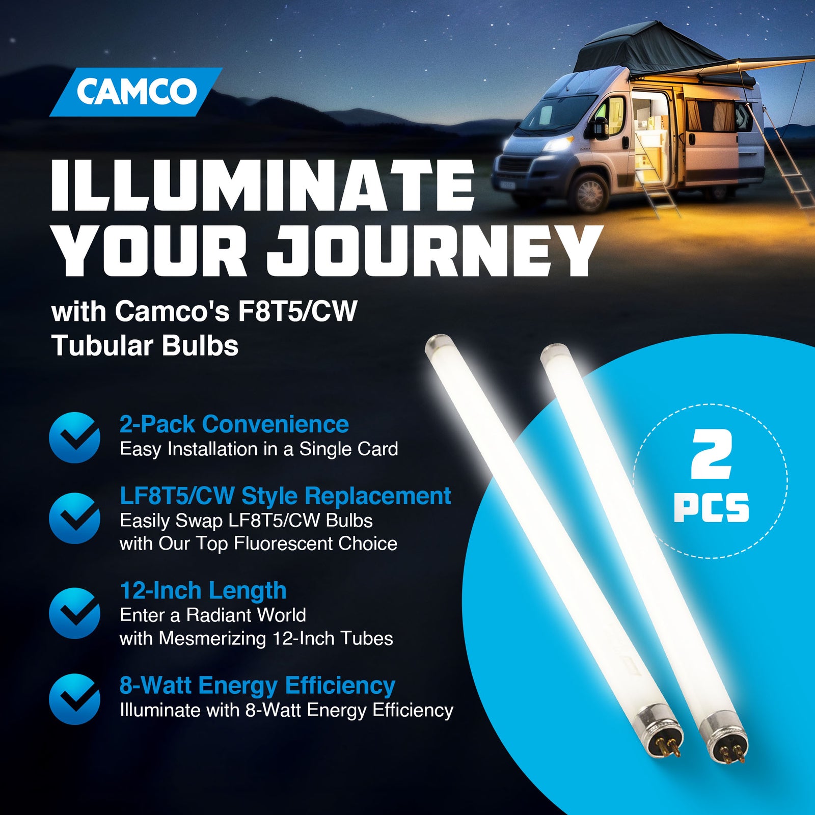 Camco 54880 F8T5/CW Fluorescent 8 Watt 350 Lumen 12 Inch Tubular Bulbs, 2 Pack - VMInnovations
