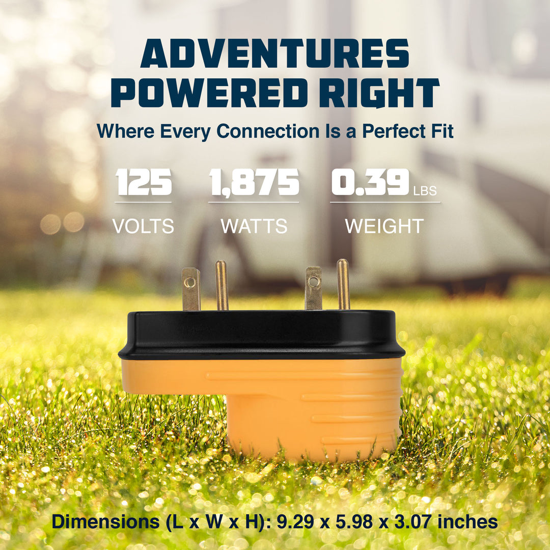 Camco 55225 Power Grip RV 125 Volt Two Plug 15 Amp to Single 30 Amp Adapter