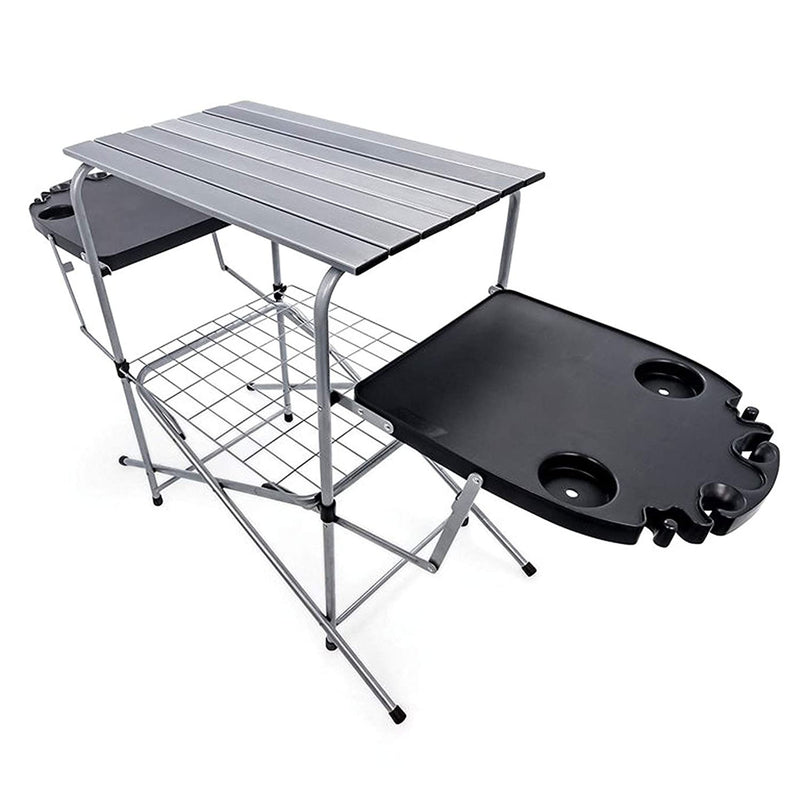 Camco Deluxe Folding Outdoor Grill Table w/ Plastic Side Tables and Cup Holders