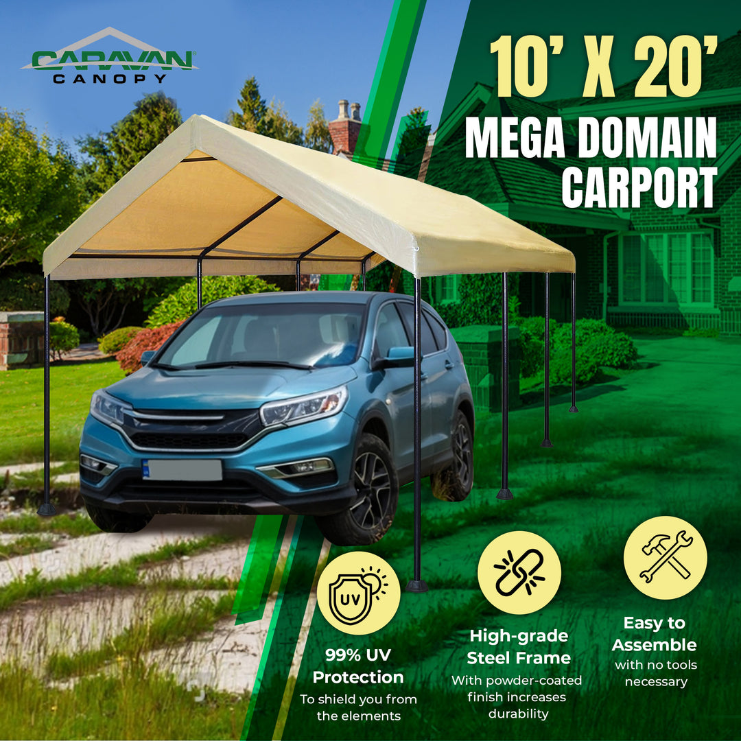 Caravan Canopy Mega Domain Waterproof Steel Frame Carport, 10 x 20 Feet, Tan