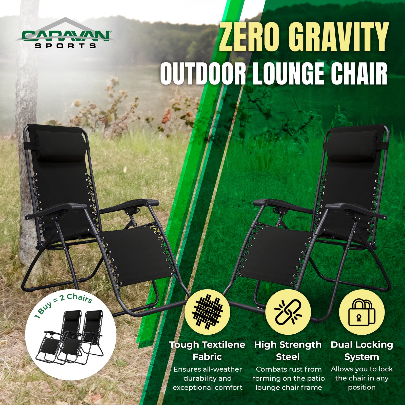 Caravan Sports Zero Gravity Outdoor Folding Patio Lounge Chair, Black (Pair) - VMInnovations