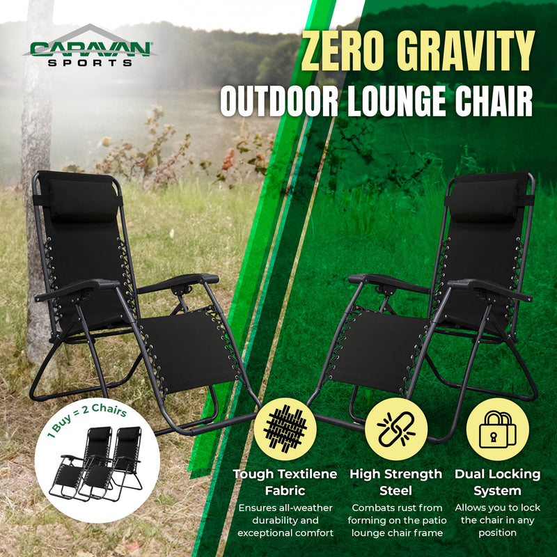 Caravan Sports Zero Gravity Outdoor Folding Patio Lounge Chair, Black (Pair)