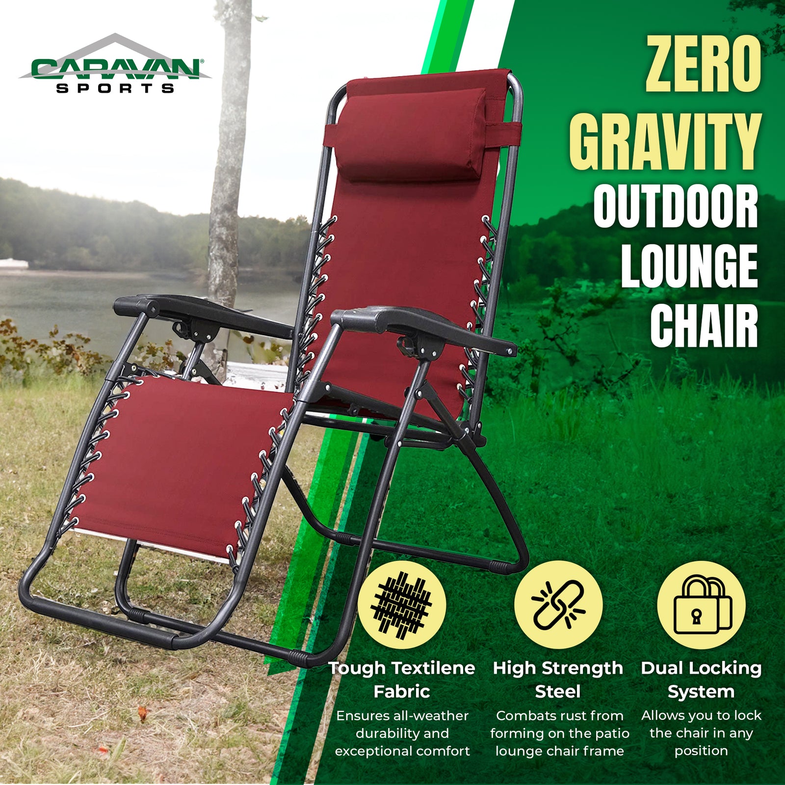 Caravan Sports Zero Gravity Outdoor Folding Camping Patio Lounge Chair, Burgundy - VMInnovations