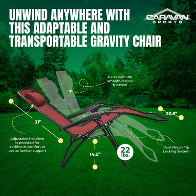Caravan Sports Zero Gravity Outdoor Folding Camping Patio Lounge Chair, Burgundy - VMInnovations