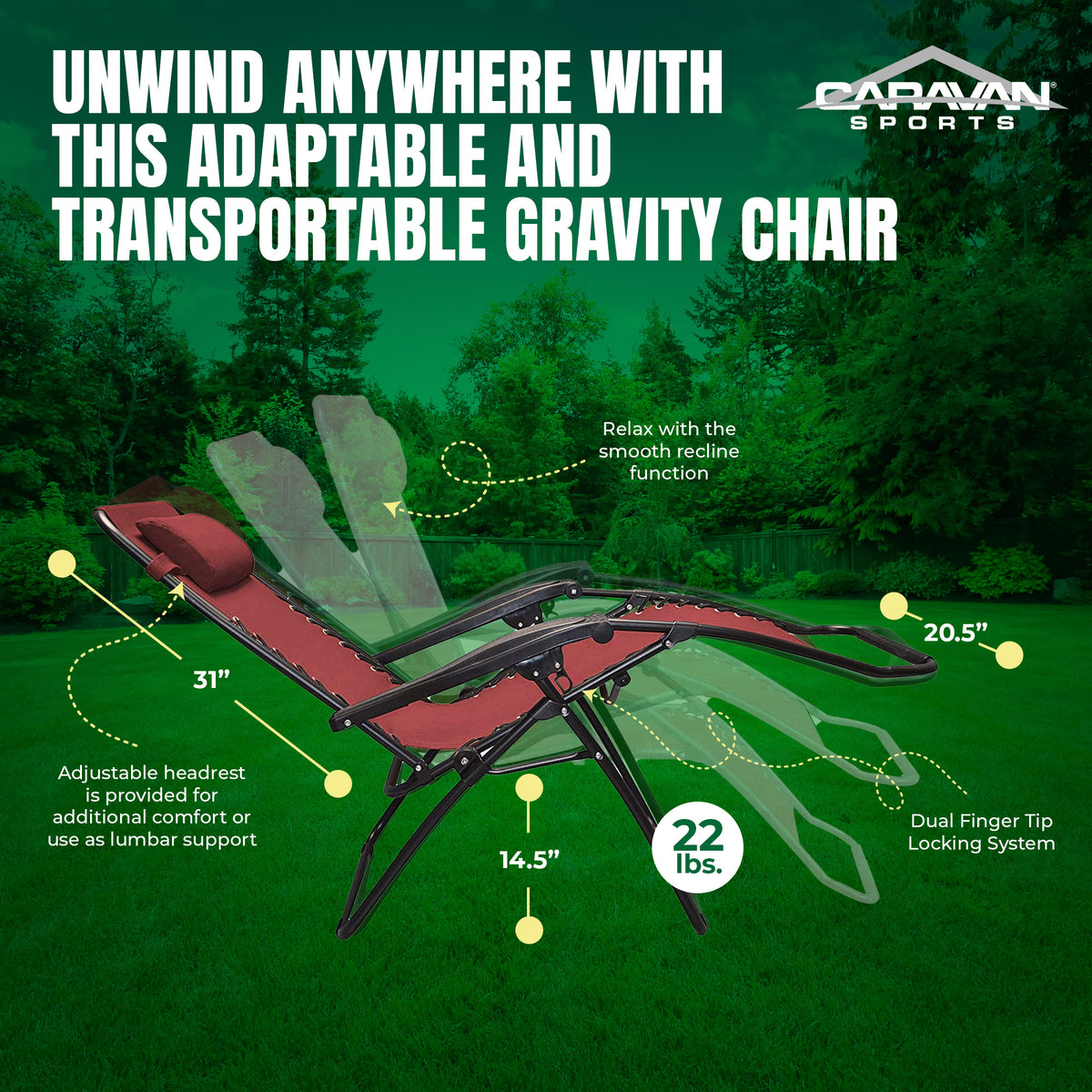Caravan Sports Zero Gravity Outdoor Folding Lounge Chair, Burgundy (Open Box) - VMInnovations