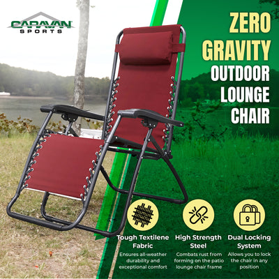 Caravan Sports Zero Gravity Outdoor Folding Camping Patio Lounge Chair, Burgundy