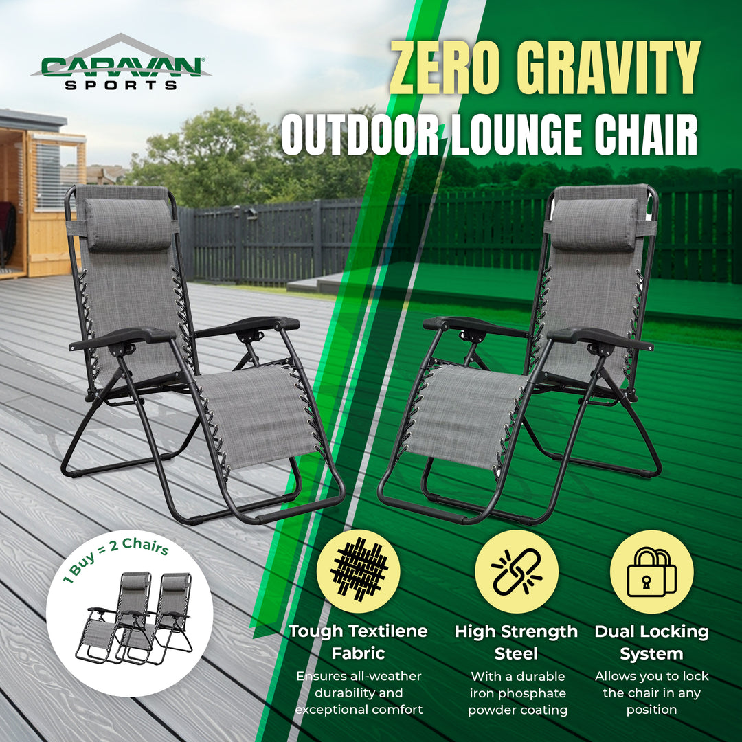 Caravan Canopy Infinity Zero Gravity Steel Frame Patio Deck Chair, Grey (Pair)