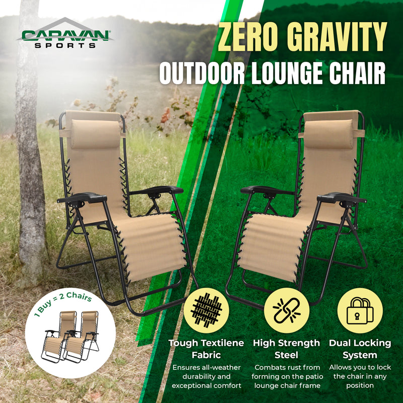 Caravan Canopy Infinity Zero Gravity Steel Frame Patio Deck Chair, Beige (Pair)