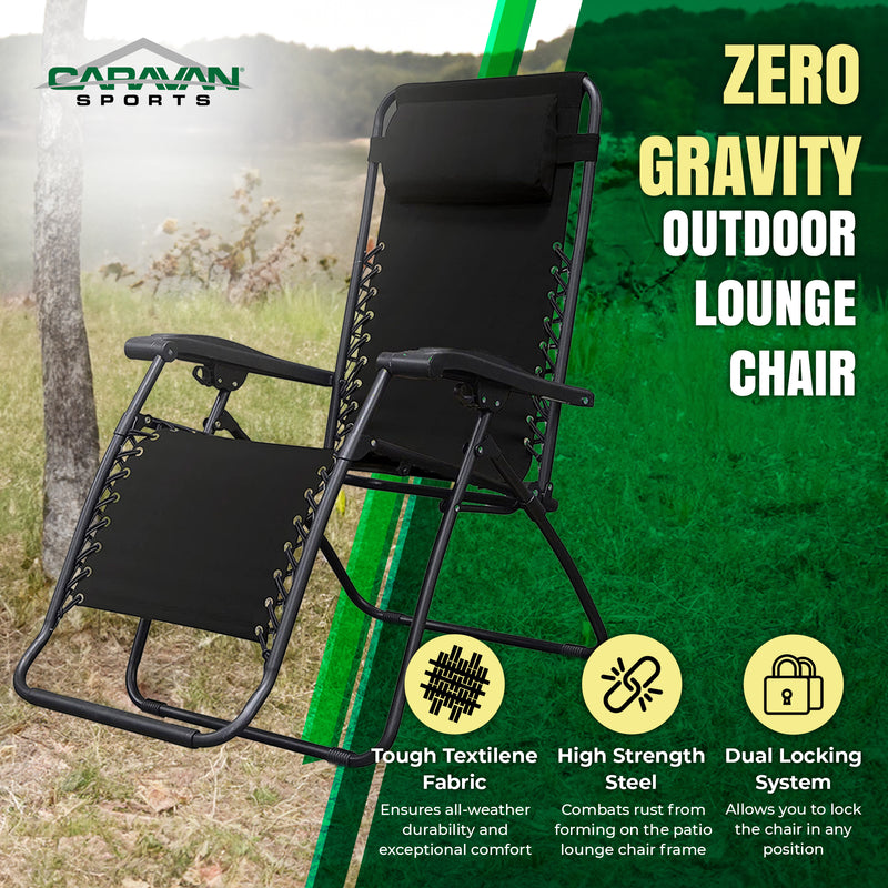 Caravan Sports Zero Gravity Outdoor Folding Camping Patio Lounge Chair, Black