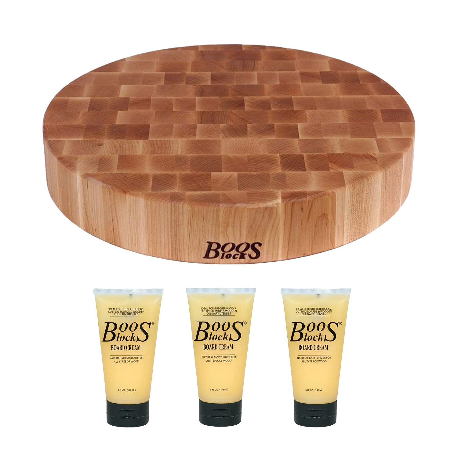 John Boos Maple Wood 18 Inch Round Chopping Block and Maintenance Cream (3 Pack)