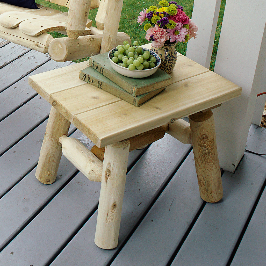 Lakeland Mills White Cedar Log Wood Outdoor Porch Patio End Side Table, Natural
