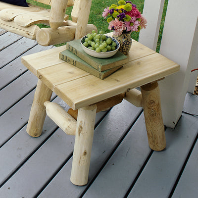 Lakeland Mills White Cedar Log Wood Outdoor Porch Patio End Side Table, Natural
