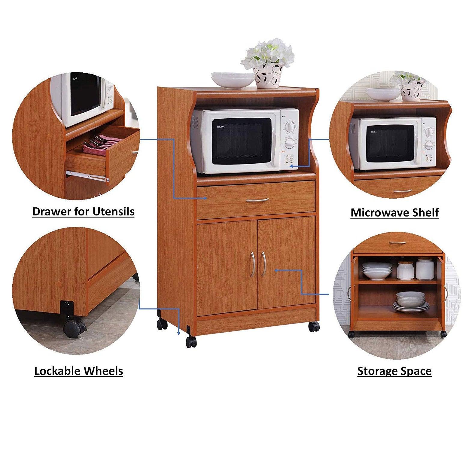 Hodedah Wheeled Kitchen Microwave Cart with Drawer and Cabinet Storage(Open Box)