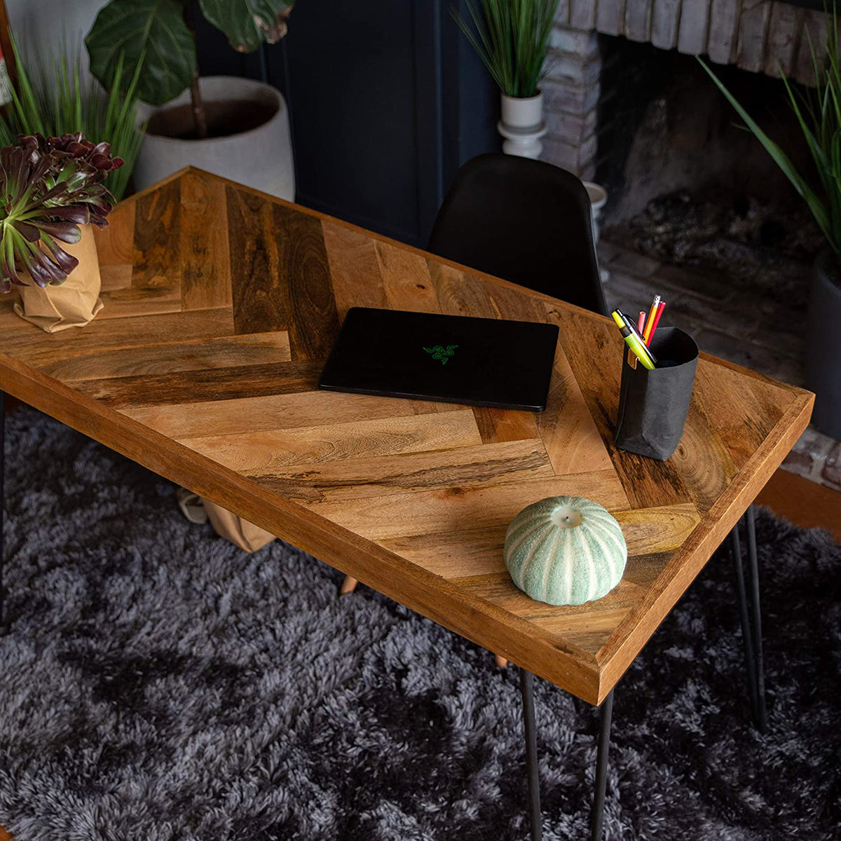 Mindful Living Rustic Mid Century Modern Wood & Iron Chevron Desk (For Parts)