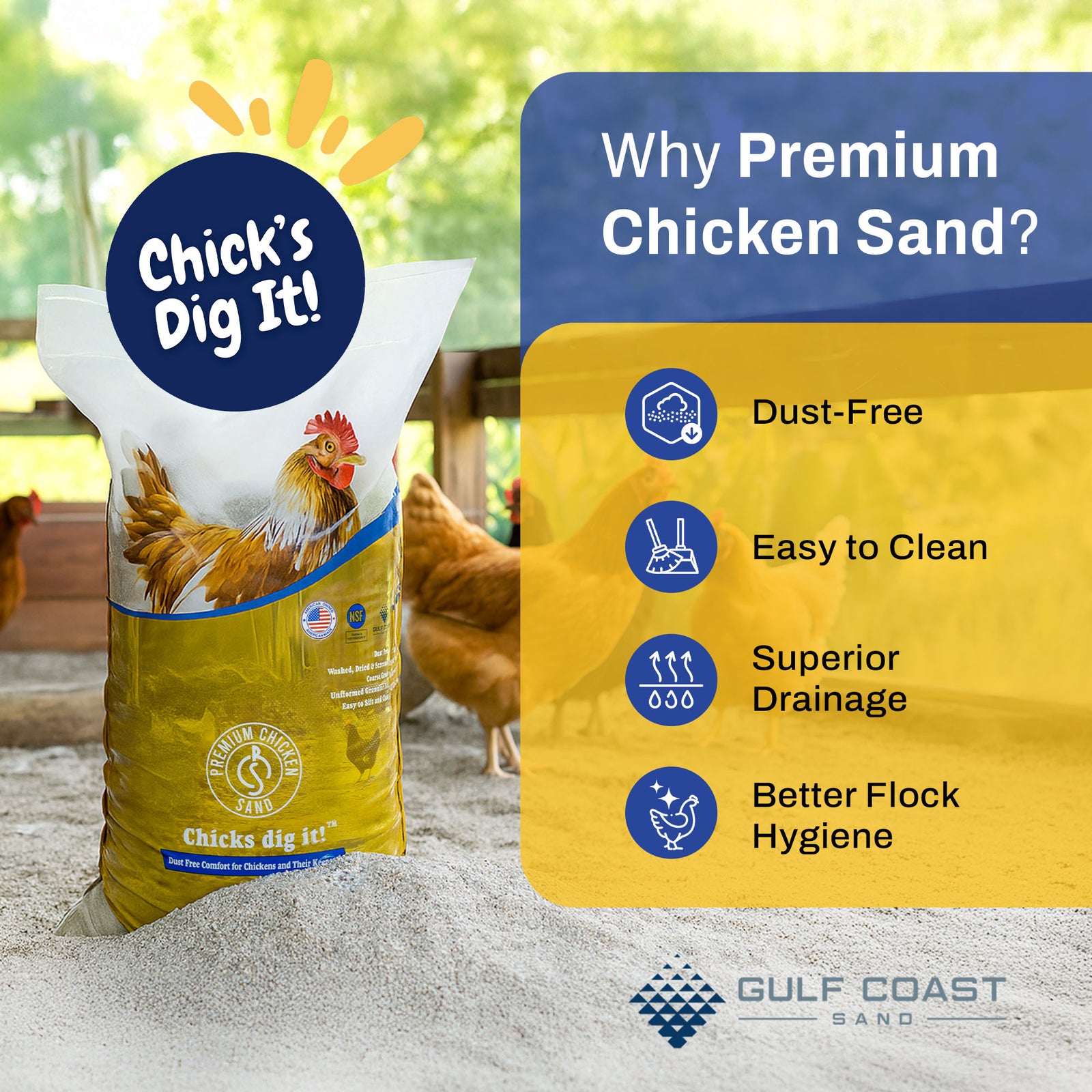 Premium Chicken Sand, Odor Eliminating Bedding for Coops, 50 Lb Bag, 2 Pack - VMInnovations