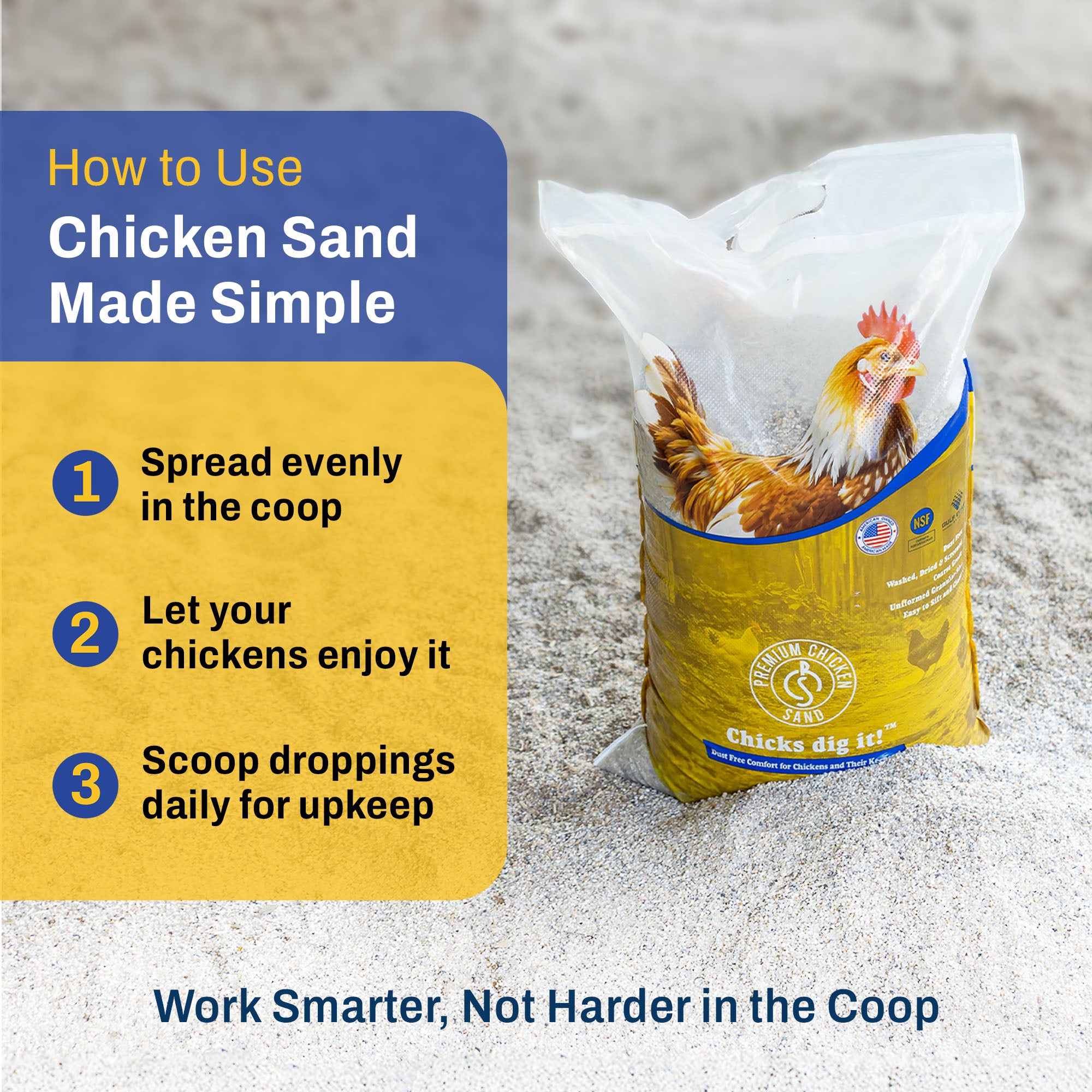 Premium Chicken Sand, Odor Eliminating Bedding for Coops, 50 Lb Bag, 56 Pack