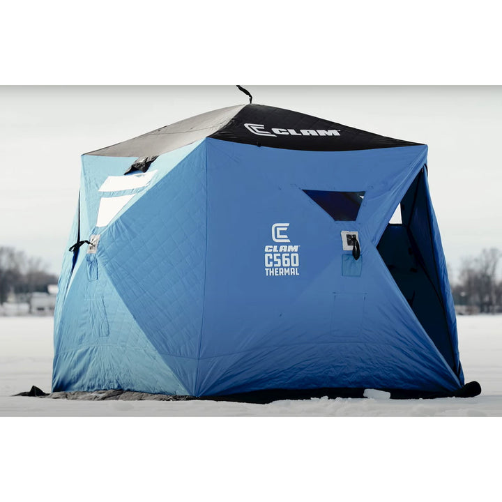 CLAM C-560 Portable 7.5 Ft 4 Person Pop Up Ice Fishing Thermal Hub Shelter Tent