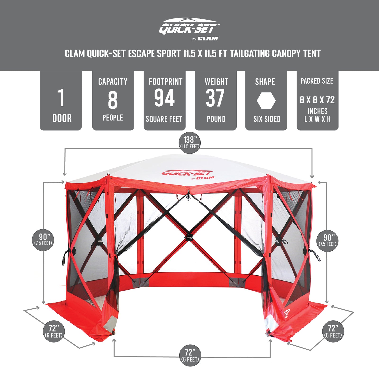 CLAM Quick-Set Escape Sport 11.5 x 11.5 Ft Tailgating Canopy Tent, Red/White - VMInnovations