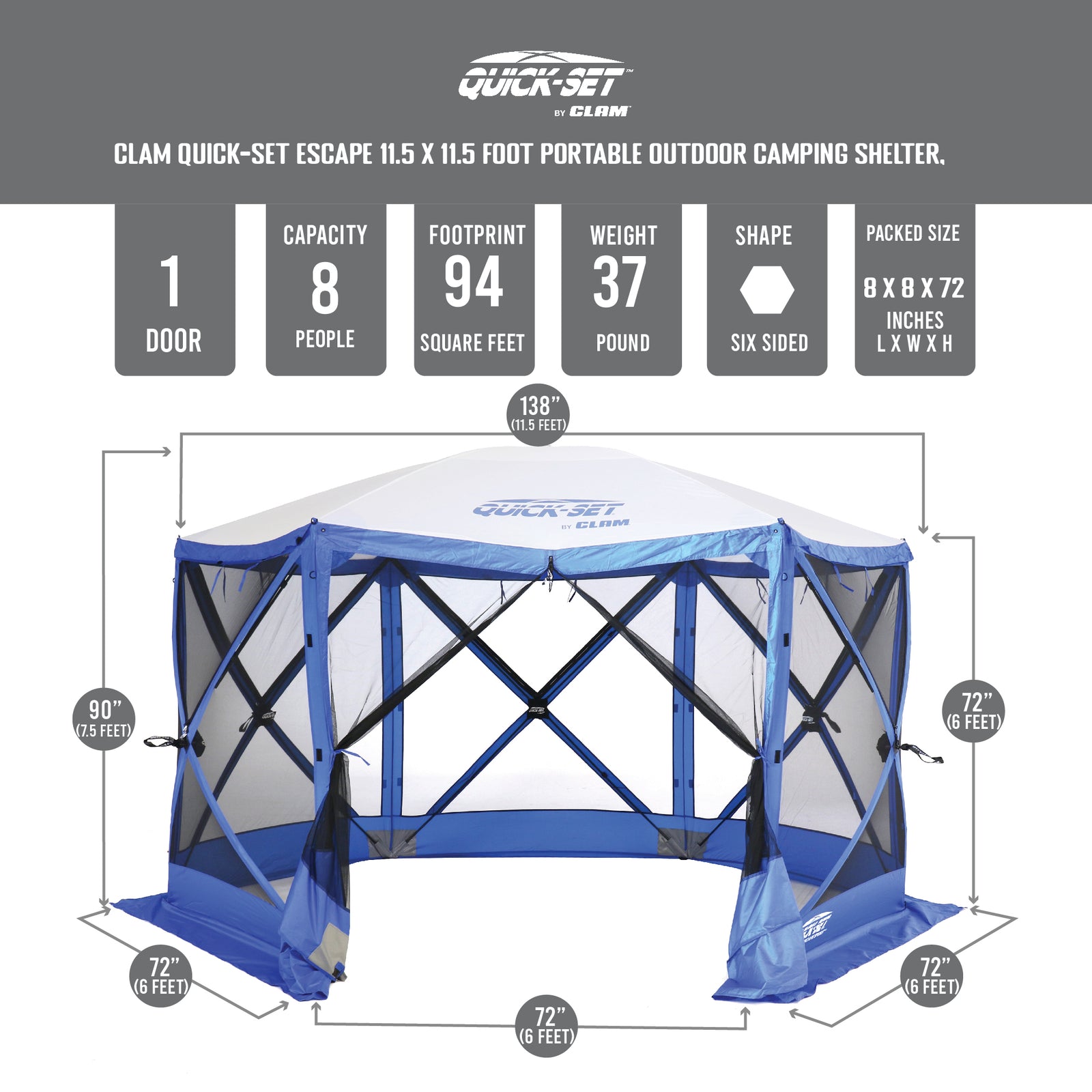 CLAM Quick-Set Escape Sport 11.5 x 11.5 Ft Tailgating Canopy Shelter Tent, Blue - VMInnovations