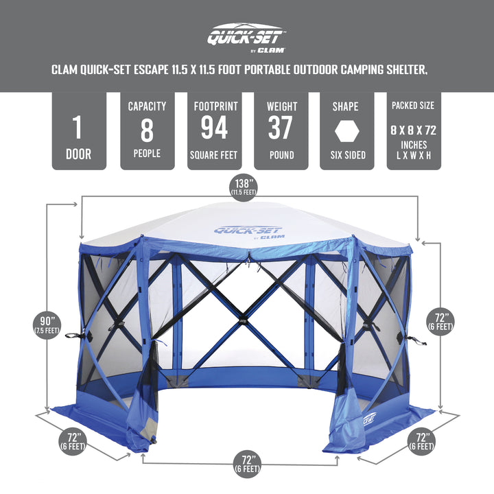 CLAM Quick-Set Escape Sport 11.5 x 11.5 Ft Tailgating Canopy Shelter Tent, Blue