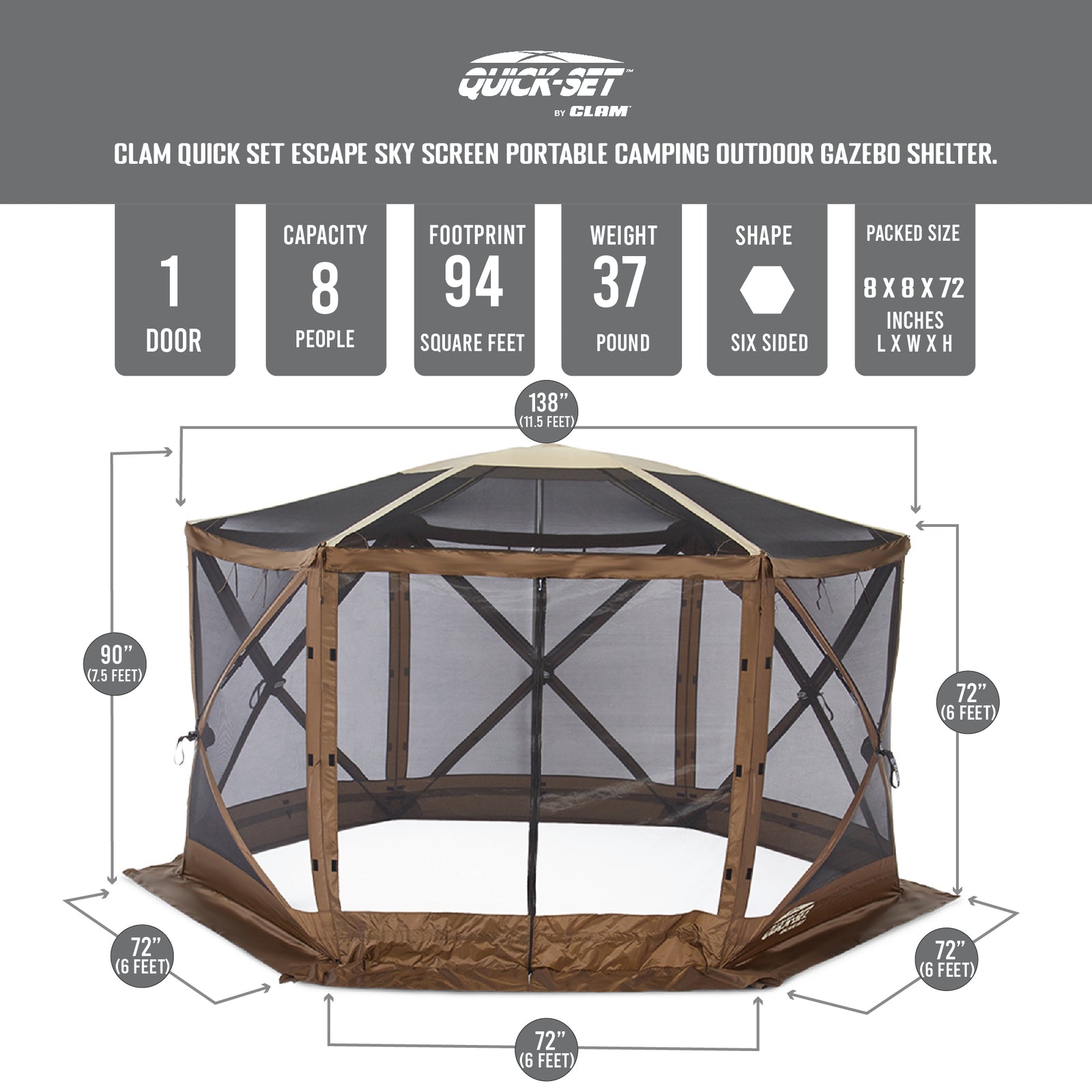 Clam Quick Set Escape Sky Screen Portable Camping Outdoor Gazebo Shelter, Brown - VMInnovations