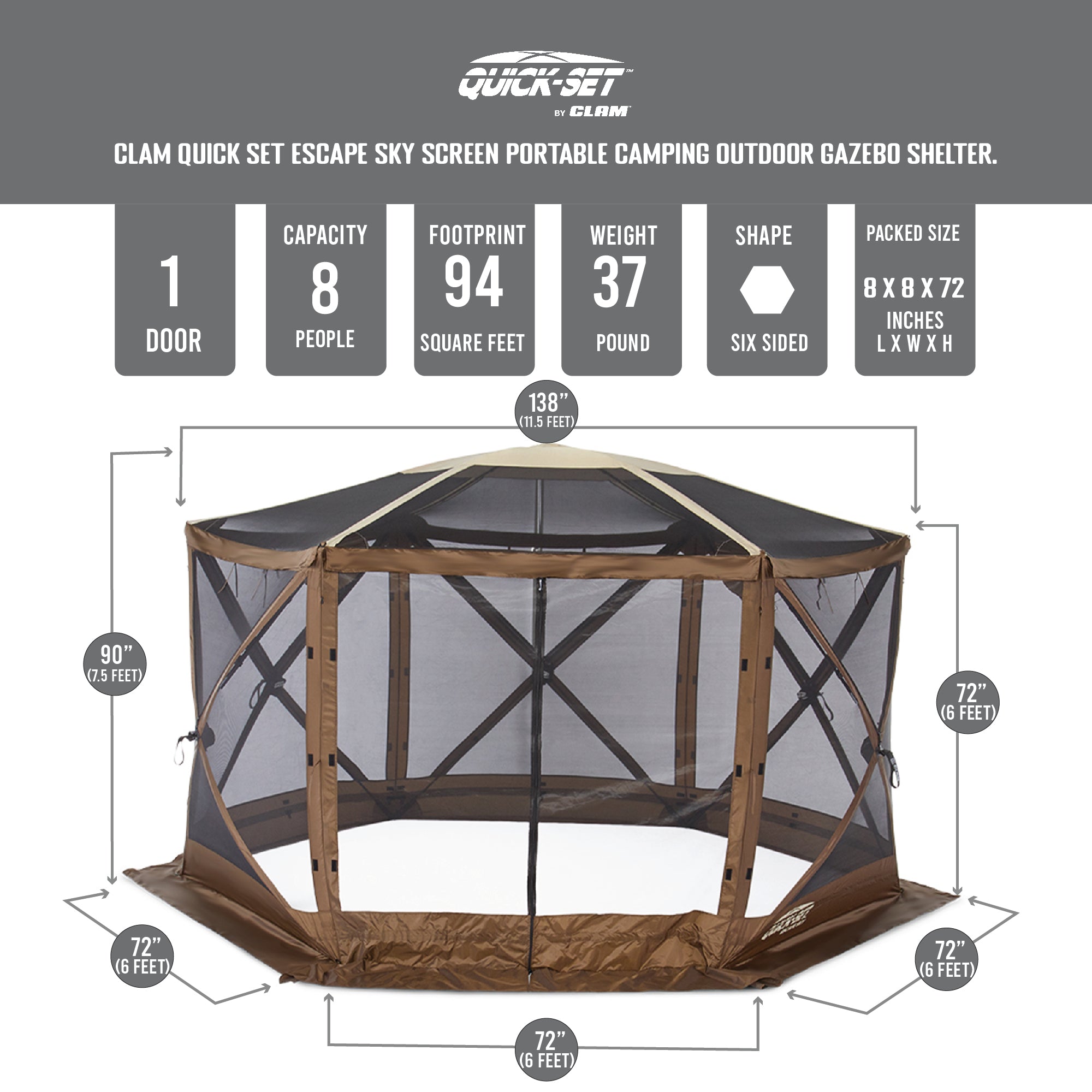 Clam Quick Set Escape Sky Screen Portable Camping Outdoor Gazebo Shelter, Brown - VMInnovations