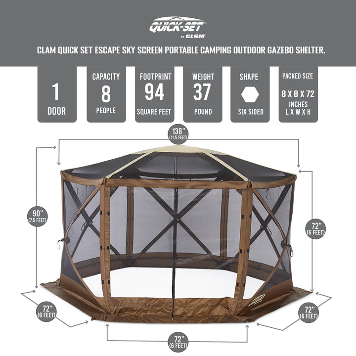 Clam Quick Set Escape Sky Screen Portable Camping Outdoor Gazebo Shelter, Brown