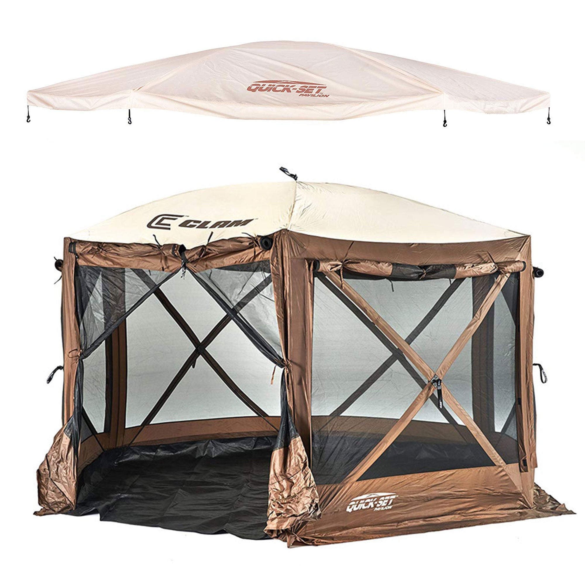 Clam Quickset Pavilion Brown 8 Person Tent w/ Floor Tarp and Tan Rain Fly