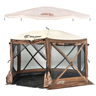 Clam Quickset Pavilion Brown 8 Person Tent w/ Floor Tarp and Tan Rain Fly