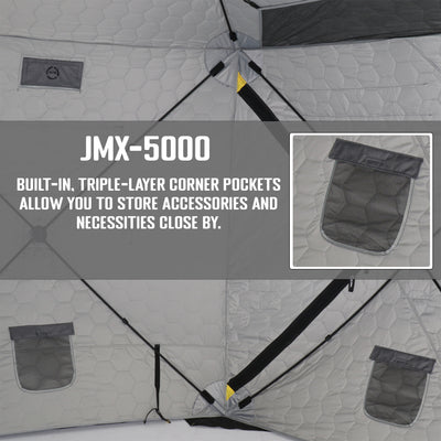CLAM Jason Mitchell X5000 Portable 9 Ft 6 Person Ice Fishing Thermal Hub Shelter