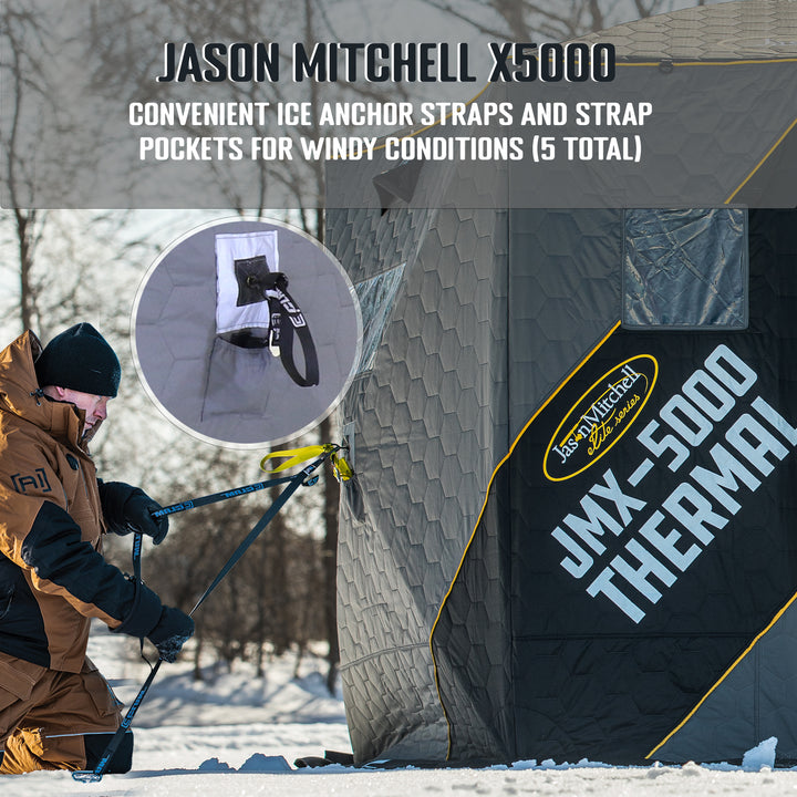 CLAM Jason Mitchell X5000 Portable 9 Ft 6 Person Ice Fishing Thermal Hub Shelter