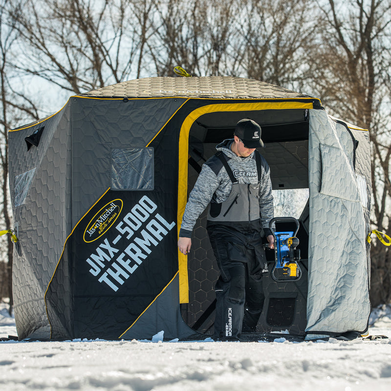 CLAM Jason Mitchell X5000 Portable 9 Ft 6 Person Ice Fishing Thermal Hub Shelter