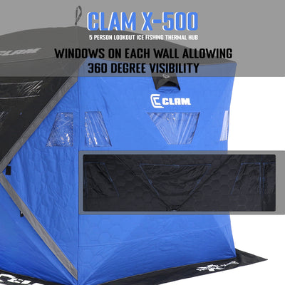 CLAM X-500 Portable 9 Ft 5 Person Lookout Ice Fishing Thermal Hub Shelter Tent - VMInnovations