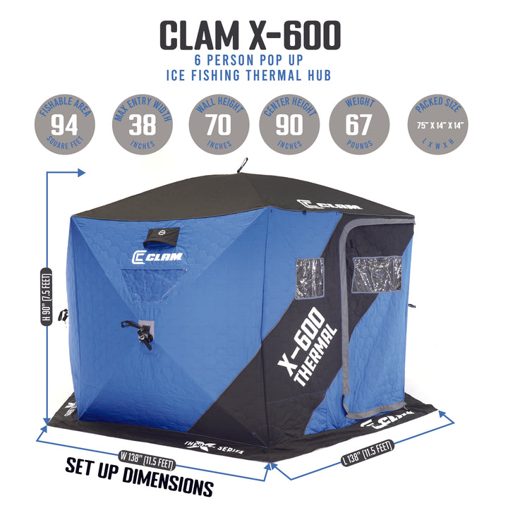 CLAM X-600 Portable 11.5 Ft 6 Person Pop Up Ice Fishing Thermal Tent (Open Box)