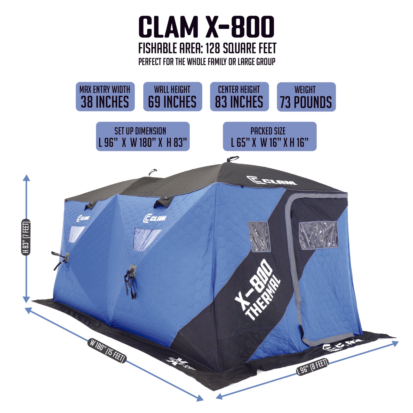 CLAM X-800 Portable 15'x8' 7 Person Pop Up Ice Fishing Thermal Hub Shelter Tent - VMInnovations