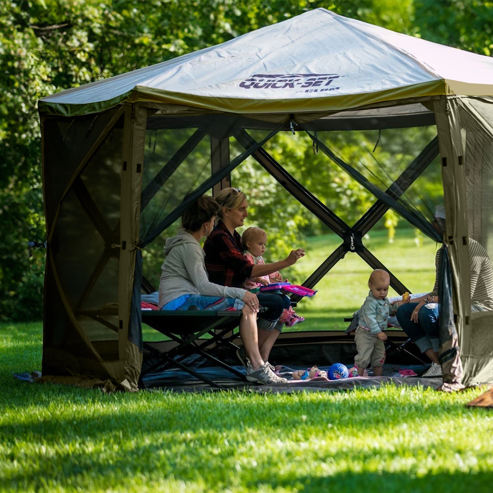 CLAM Quick-Set Escape 11.5 x 11.5 Ft Portable Canopy Shelter, Green/Tan (Used) - VMInnovations