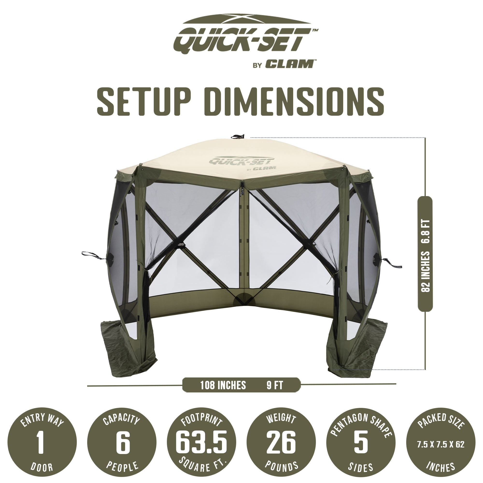 CLAM Quick-Set Venture 9x9 Ft Portable Camping Canopy, Green/Tan (Open Box) - VMInnovations