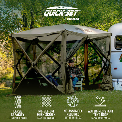 CLAM Quick-Set Venture 9x9 Ft Portable Outdoor Camping Canopy, Green/Tan (Used) - VMInnovations