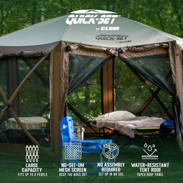 CLAM Quick-Set Pavilion Camper 12.5' x 12.5' Shelter, Brown w/Rain Fly Tarp, Tan - VMInnovations