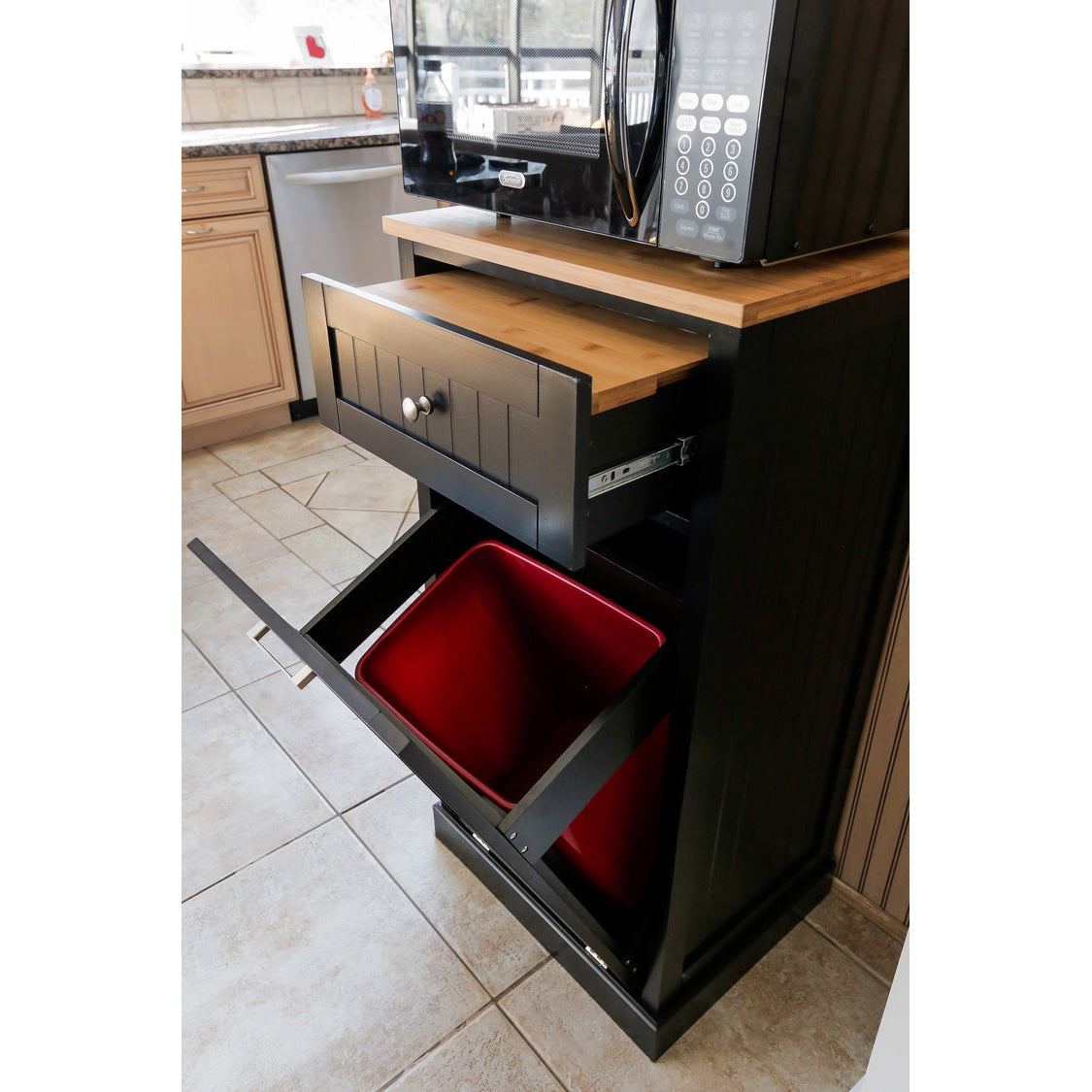 SpaceMaster Microwave Kitchen Cart with Hideaway Trash Can Holder, Black (Used)