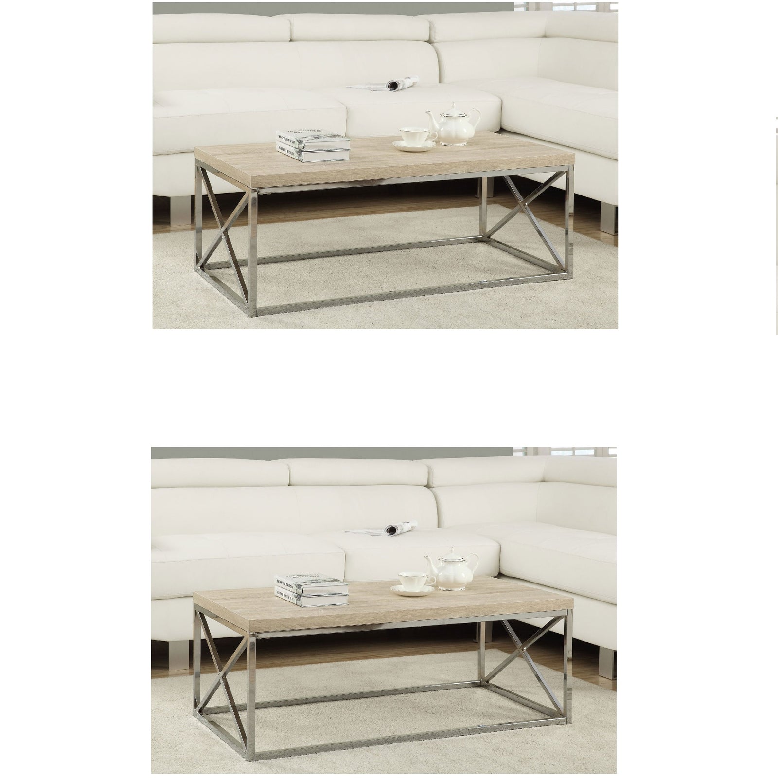 Monarch Natural Wood-Look Finish Chrome Metal Contemporary Coffee Table (2 Pack) - VMInnovations