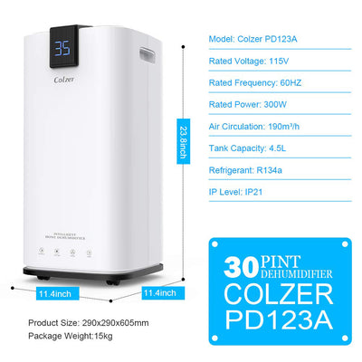 Colzer 30 Pint 1500 Sq Ft Portable Home Room Basement Air Dehumidifier (Used)