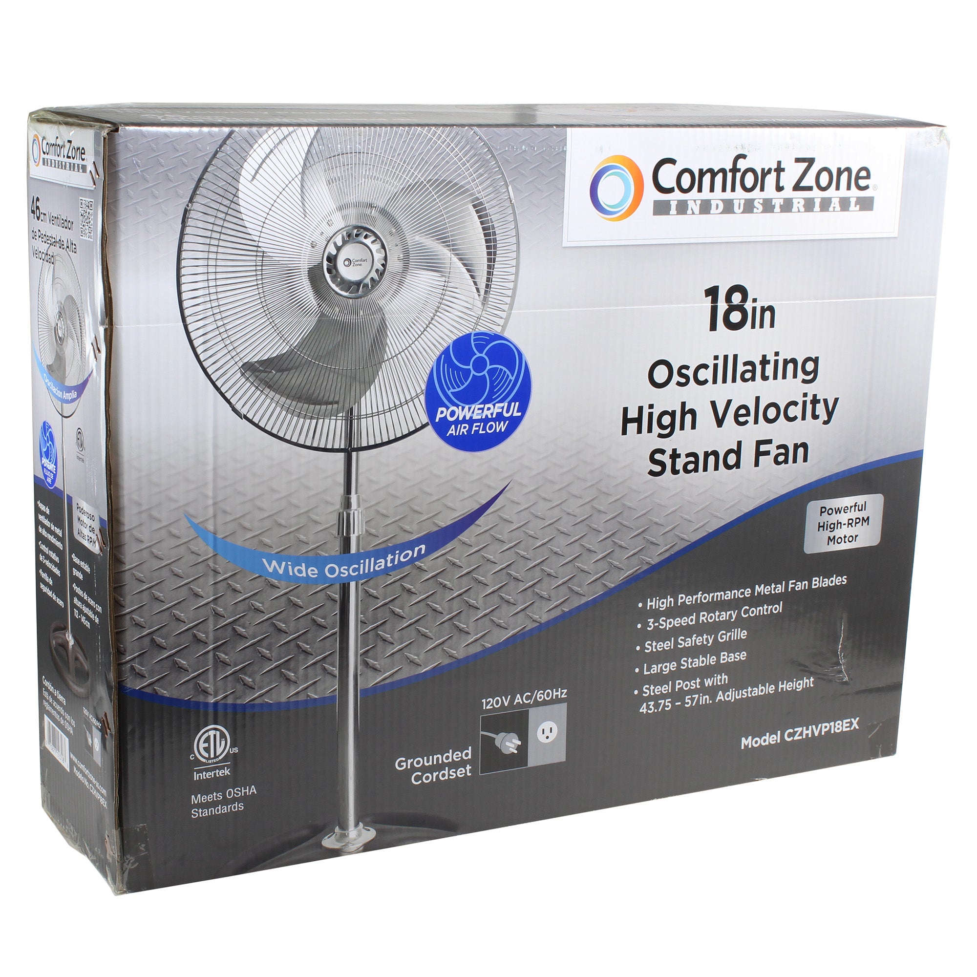 Comfort Zone 18" High-Velocity 3 Speed Industrial Pedestal Fan, Black(For Parts)