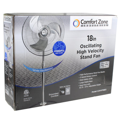 Comfort Zone 18" High-Velocity 3 Speed Industrial Pedestal Fan, Black (Used)
