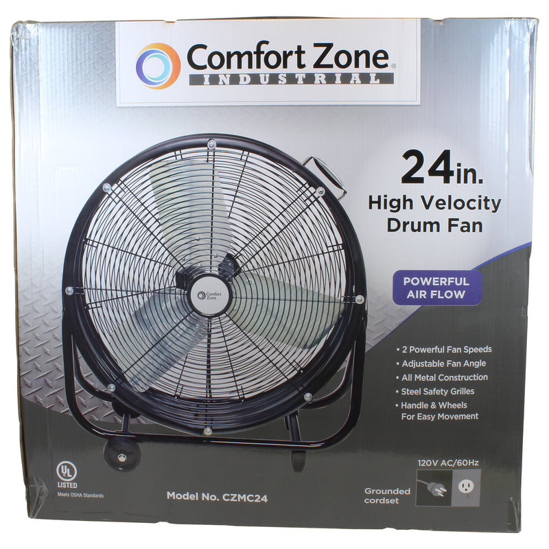 Comfort Zone 24-Inch High-Velocity 2 Speed 180-Degree Adjustable Drum Fan, Black