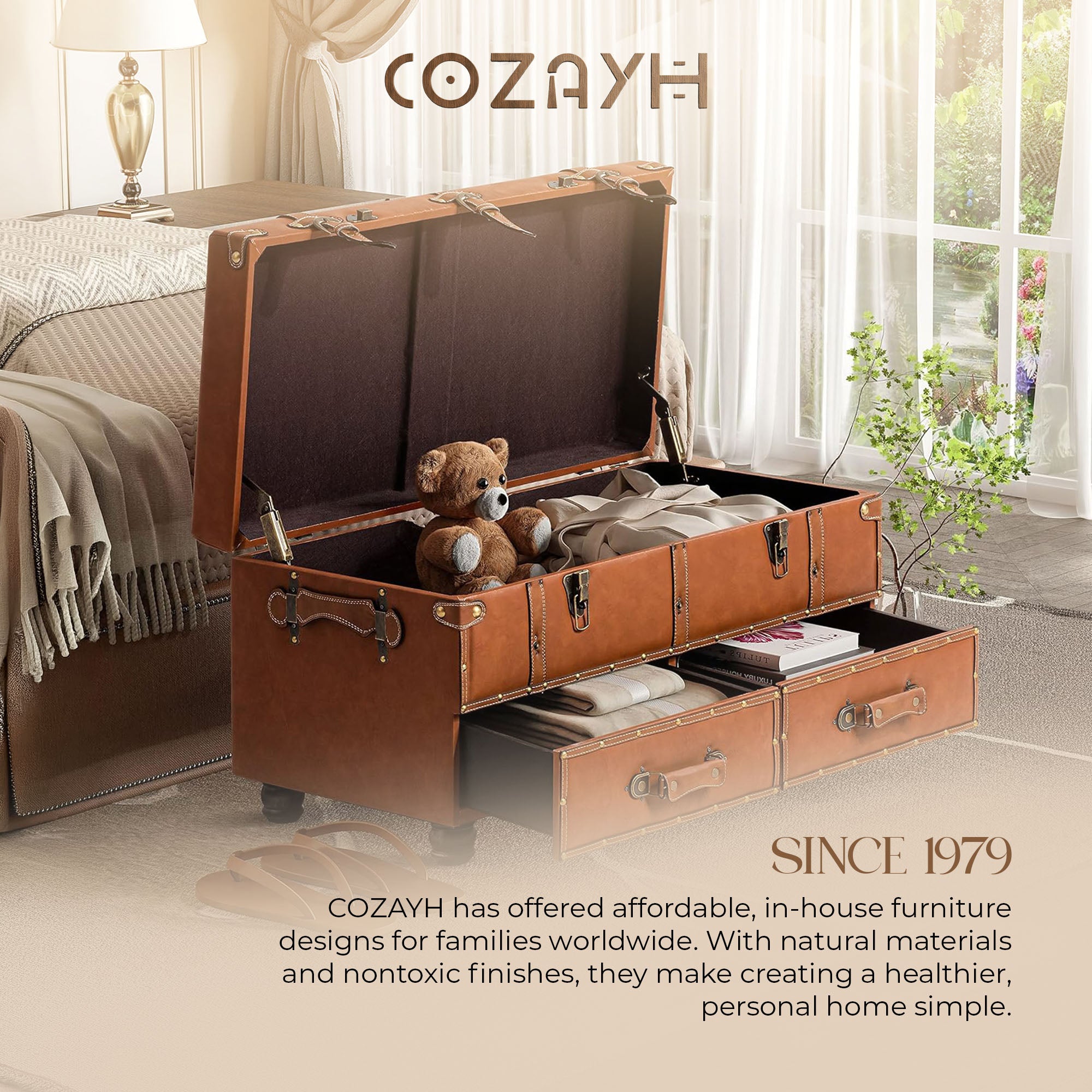 COZAYH Vintage Storage Bench, Upholstered Wooden Ottoman Bed Chest Box(Open Box)